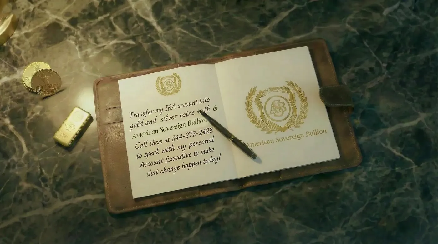 Handwritten note reading: transfer my IRA account into gold and silver coins with American Sovereign Bullion, call 844-272-2428