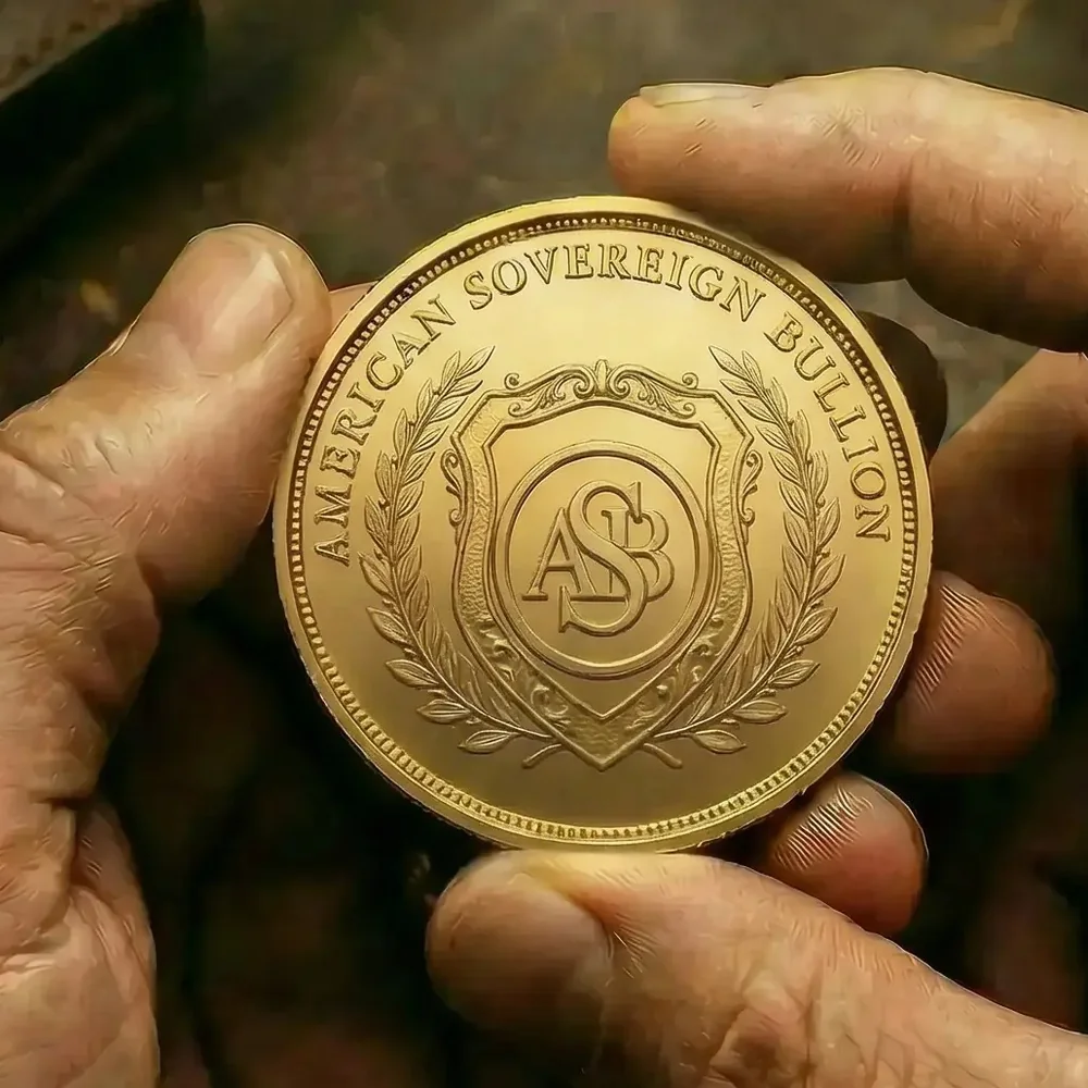 Hands holding an American Sovereign Bullion gold coin