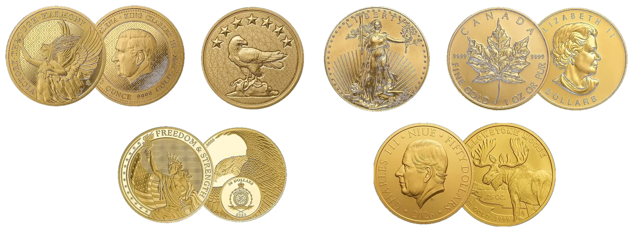 IRS-approved .9999 fine gold coins: American Gold Eagle, Canadian Maple Leaf, Lady Liberty, Yellowstone Moose and more